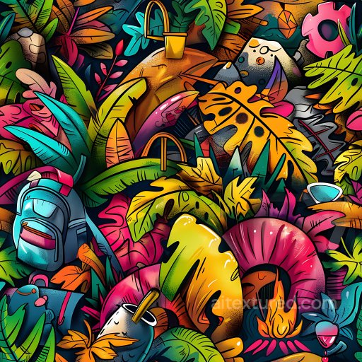 Seamless 3D PBR Texture Featuring Colorful Tropical Leaves Graffiti Art texture preview