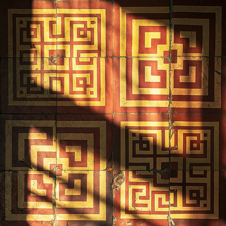 Tile Featuring Red and Yellow Geometric Designs seamless PBR texture preview