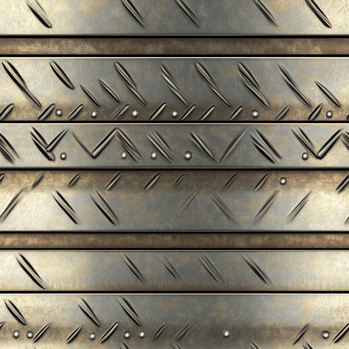 Worn Diamond Plate Steel with Rivets and Rust Patina seamless PBR texture preview