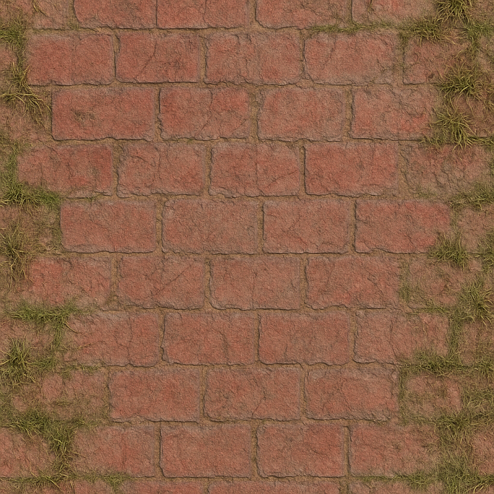 Brick Red Pavement With Faded Paint And Grass Edges Natural Wear Asphalt seamless PBR texture preview