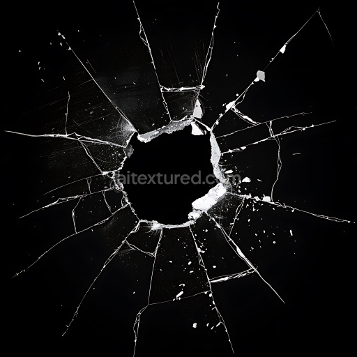 Seamless 3D Broken Glass PBR Texture Featuring Central Hole and Radiating Cracks