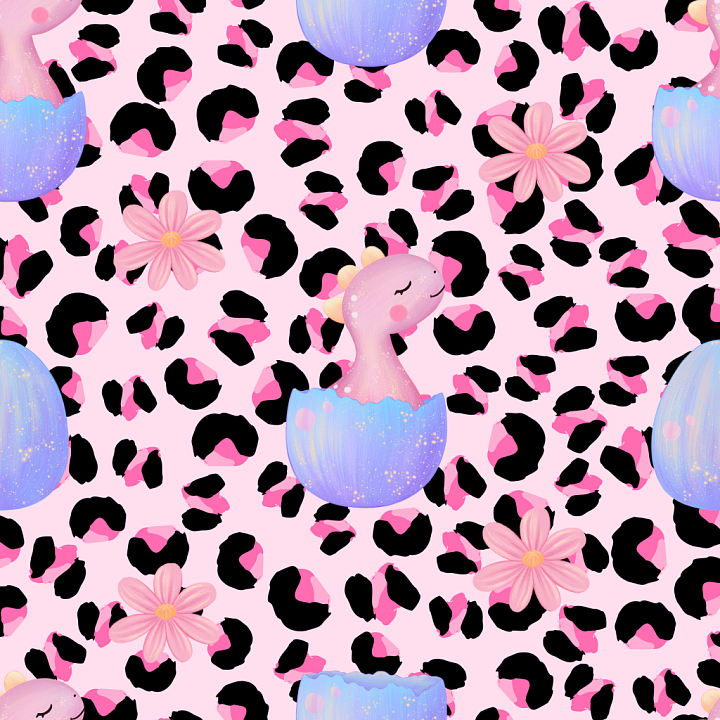 Cute Baby Girl Dinosaur in Purple Egg with Pink Leopard Spots seamless PBR texture preview