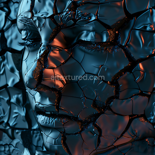 Seamless 3D PBR cracked metal texture with deep fractures and glowing highlights