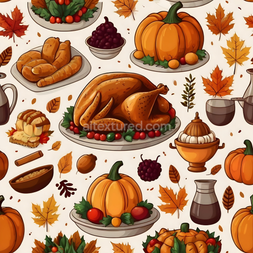 Seamless 3D PBR Texture Featuring Cartoon Thanksgiving Food and Autumn Motifs