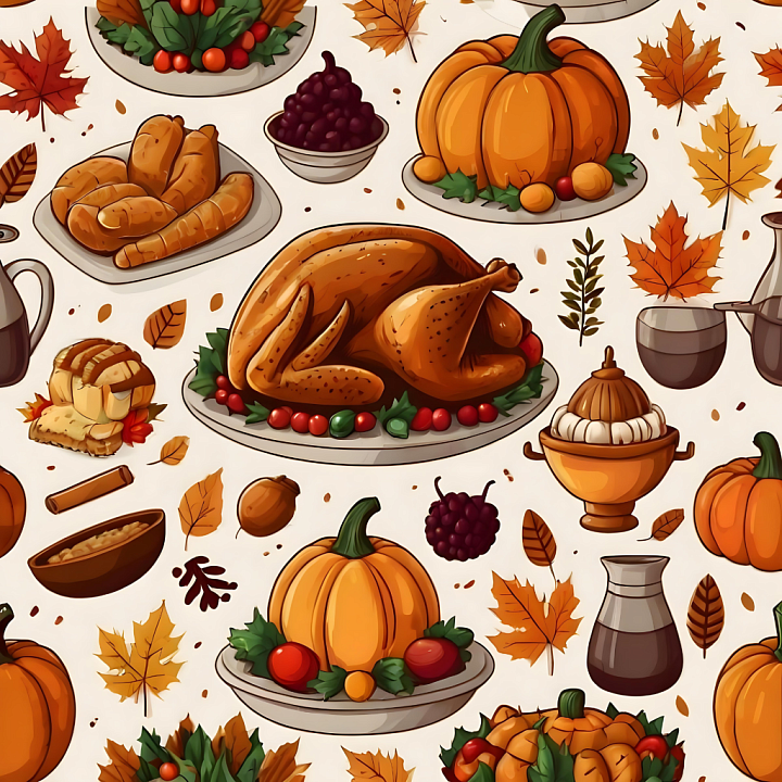 Featuring Cartoon Thanksgiving Food and Autumn Motifs seamless PBR texture preview