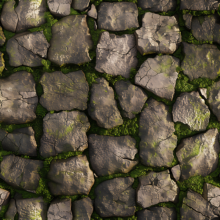 Mossy Cracked Stone Ground with Weathered Details seamless PBR texture preview
