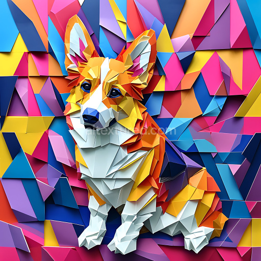 Seamless 3D PBR Texture of Low-Poly Origami Corgi with Vibrant Geometric Colors
