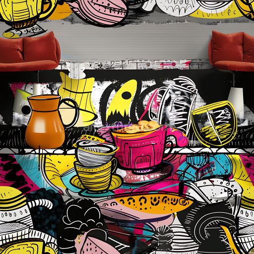 Seamless 3D PBR Graffiti Texture Featuring Colorful Urban Coffee Shop Mural