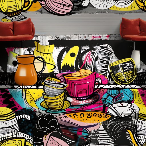Seamless 3D PBR Graffiti Texture Featuring Colorful Urban Coffee Shop Mural texture preview