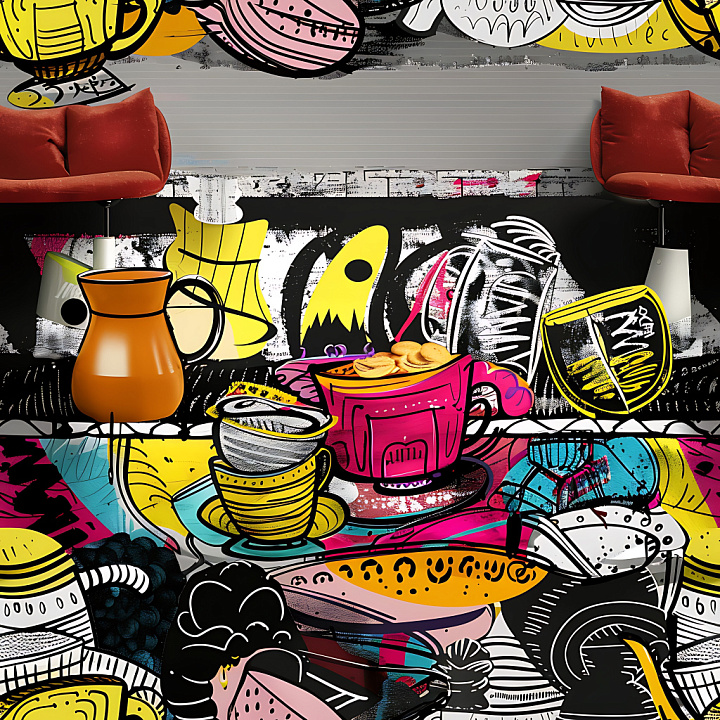 Graffiti Featuring Colorful Urban Coffee Shop Mural seamless PBR texture preview