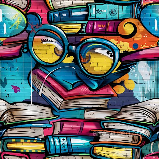 Seamless 3D PBR Texture Featuring Colorful Graffiti Books and Glasses on Brick Wall texture preview