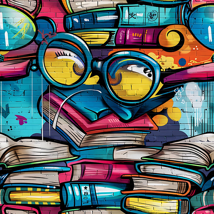 Featuring Colorful Graffiti Books and Glasses on Brick Wall seamless PBR texture preview