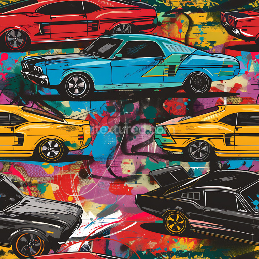 Seamless 3D PBR Graffiti Texture Featuring Vintage Muscle Car Illustrations