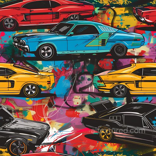 Seamless 3D PBR Graffiti Texture Featuring Vintage Muscle Car Illustrations texture preview