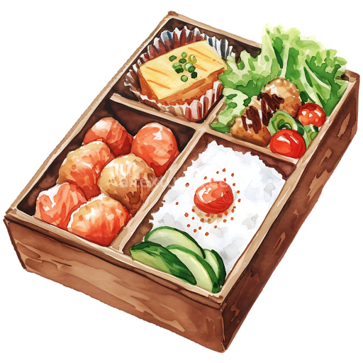 Watercolor Illustration of Japanese Bento Box Breakfast with Rice, Vegetables, and Tamagoyaki