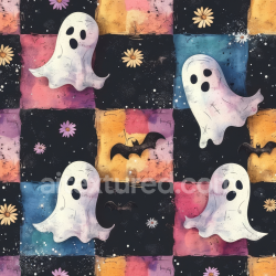 seamless Seamless 3D PBR Texture with Watercolor Halloween Ghosts and Patchwork Pattern texture 8k free download PBR