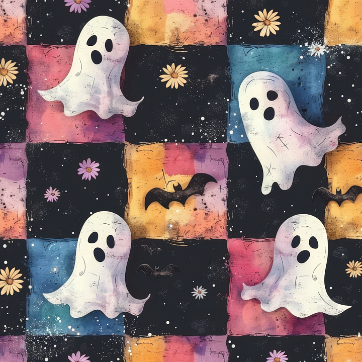 with Watercolor Halloween Ghosts and Patchwork Pattern seamless PBR texture preview