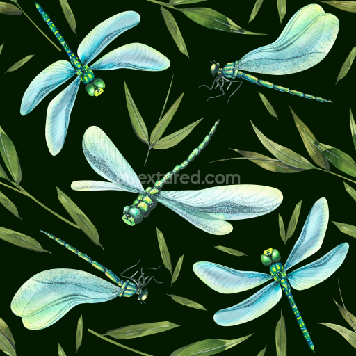 Seamless 3D PBR Texture Featuring Detailed Dragonflies and Green Leaves