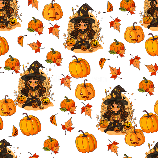 Seamless 3D PBR Watercolor Halloween Pattern Texture Featuring Witch and Pumpkins