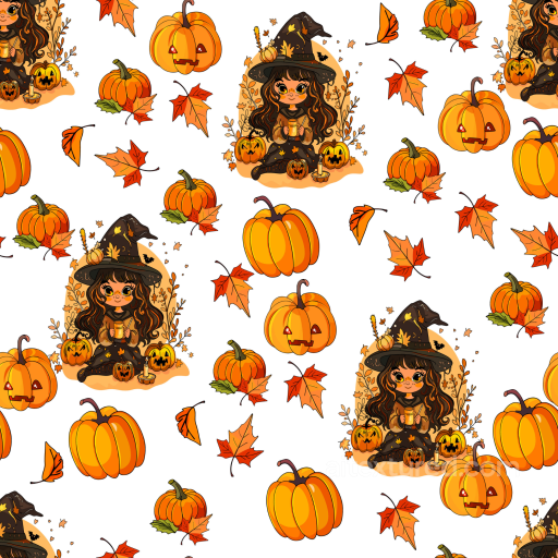 Watercolor Halloween Pattern Texture Featuring Witch and Pumpkins seamless Watercolor Halloween PBR texture