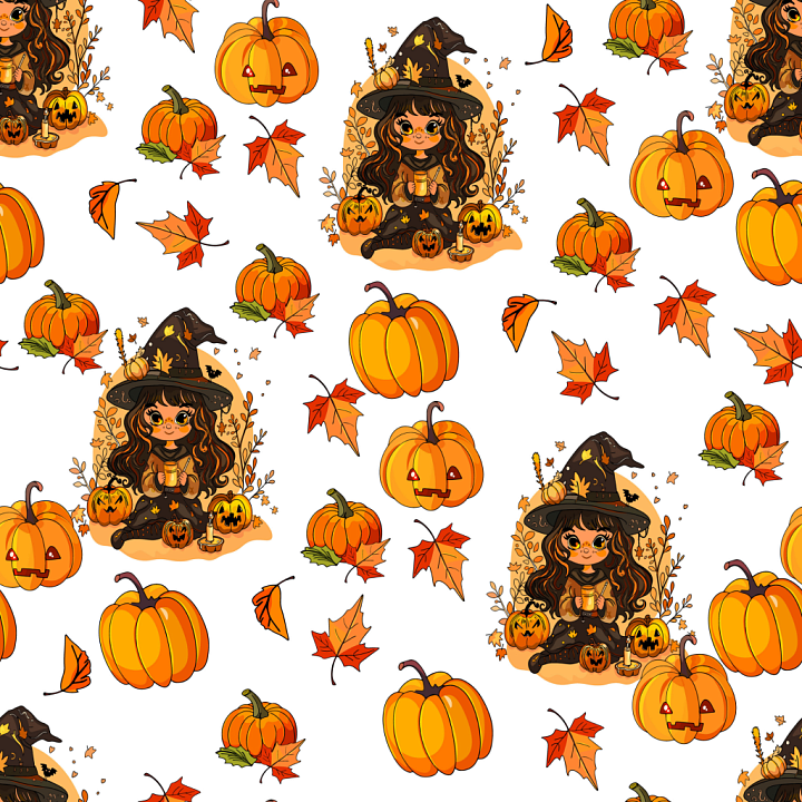 Watercolor Halloween Pattern Featuring Witch and Pumpkins seamless PBR texture preview