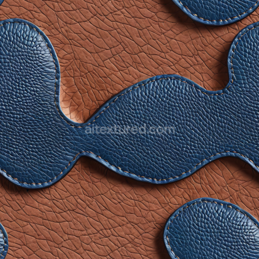 Seamless 3D leather PBR texture with cracked brown base and stitched blue pebbled leather insets