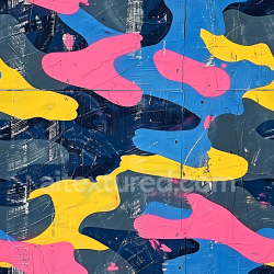 seamless Seamless 3D Stylized Urban Camouflage PBR Texture with Bright Blue, Pink and Yellow Blobs texture 8k free download PBR