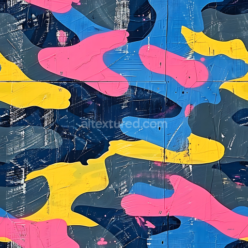 Seamless 3D Stylized Urban Camouflage PBR Texture with Bright Blue, Pink and Yellow Blobs