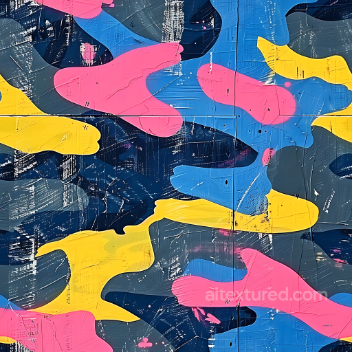 Stylized Urban Camouflage PBR Texture with Bright Blue, Pink and Yellow Blobs seamless Color Camouflage PBR texture
