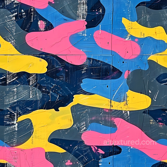Stylized Urban Camouflage PBR Texture with Bright Blue, Pink and Yellow Blobs Color Camouflage texture preview