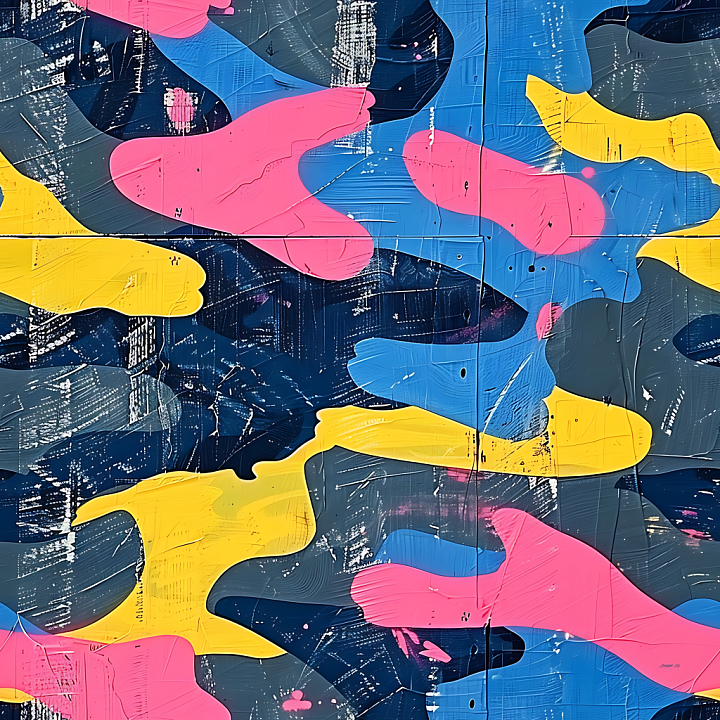 Stylized Urban Camouflage with Bright Blue, Pink and Yellow Blobs seamless PBR texture preview