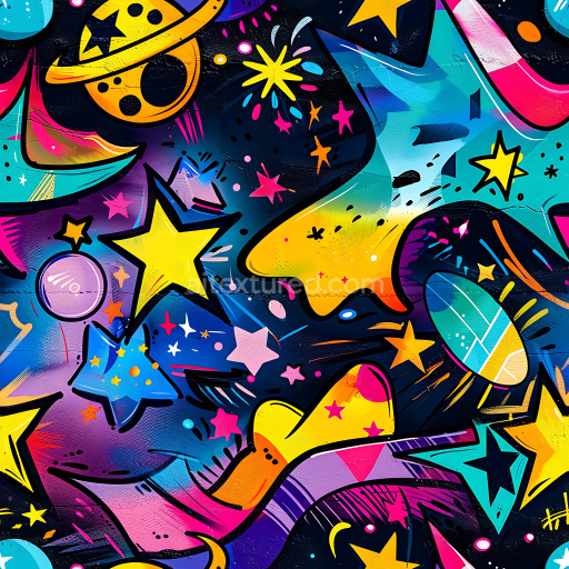 Seamless 3D PBR Galaxy Graffiti Texture with Vibrant Stars and Cosmic Motifs