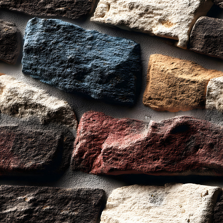 Cracked Multicolor Brick Wall with Rough Stones seamless PBR texture preview