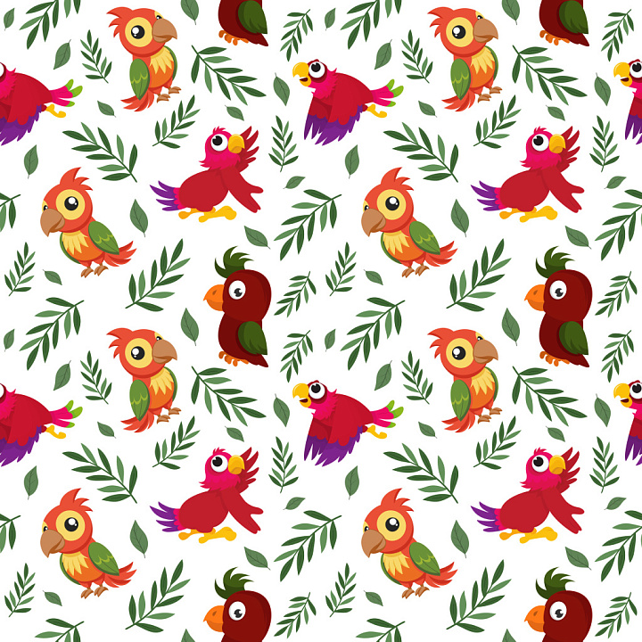 Pattern Featuring Cartoon Parrots and Tropical Leaves seamless PBR texture preview