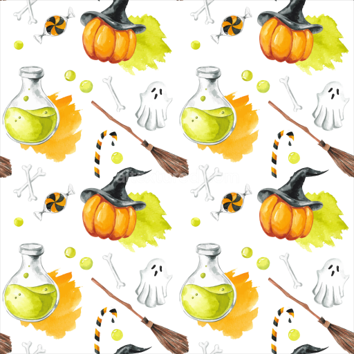 Seamless 3D PBR Watercolor Halloween Texture with Pumpkins, Ghosts & Potions
