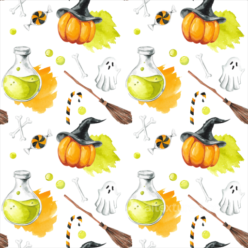 Watercolor Halloween Texture with Pumpkins, Ghosts & Potions seamless Watercolor Halloween PBR texture