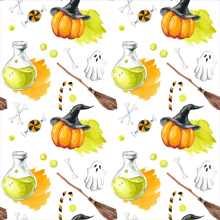 Watercolor Halloween with Pumpkins, Ghosts & Potions seamless PBR texture preview