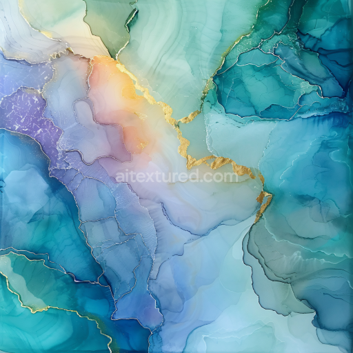 Seamless 3D Alcohol Ink PBR Texture Featuring Teal Hues and Metallic Gold Veining