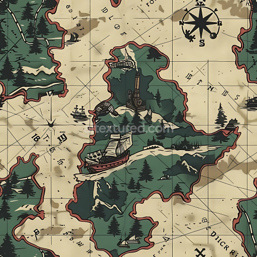 Preview — Seamless 3D Stylized Map-Themed Camouflage PBR Texture with Nautical and Woodland Elements