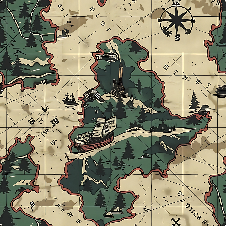 Stylized Map-Themed Camouflage with Nautical and Woodland Elements seamless PBR texture preview