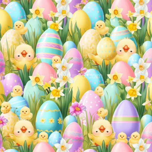 Seamless 3D PBR Texture of Colorful Easter Eggs, Chicks & Daffodils