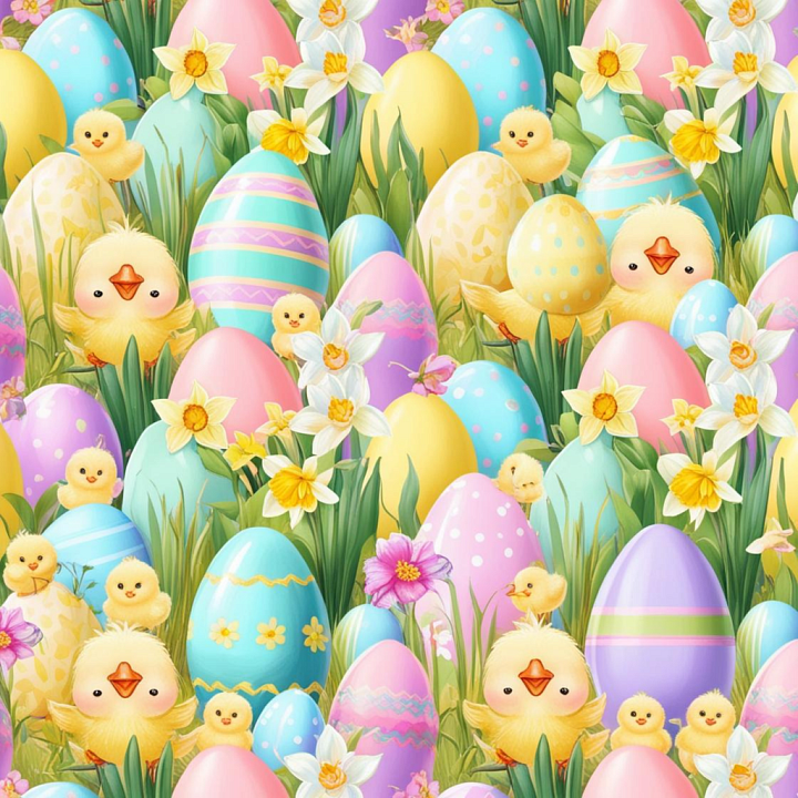 All Easter Digital paper of Colorful Easter Eggs, Chicks & Daffodils seamless PBR texture preview