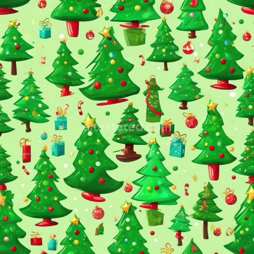 Seamless 3D PBR Texture of Colorful Christmas Trees and Gifts on Light Green Background
