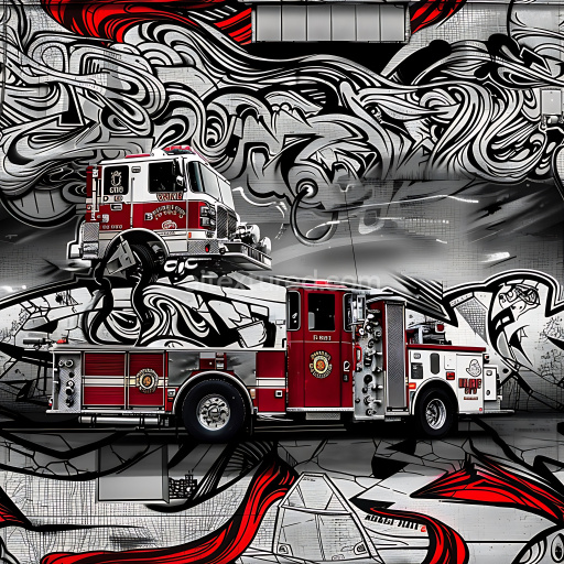 Seamless 3D PBR Graffiti Texture Featuring Red Fire Truck and Abstract Urban Mural