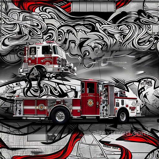 Seamless 3D PBR Graffiti Texture Featuring Red Fire Truck and Abstract Urban Mural texture preview