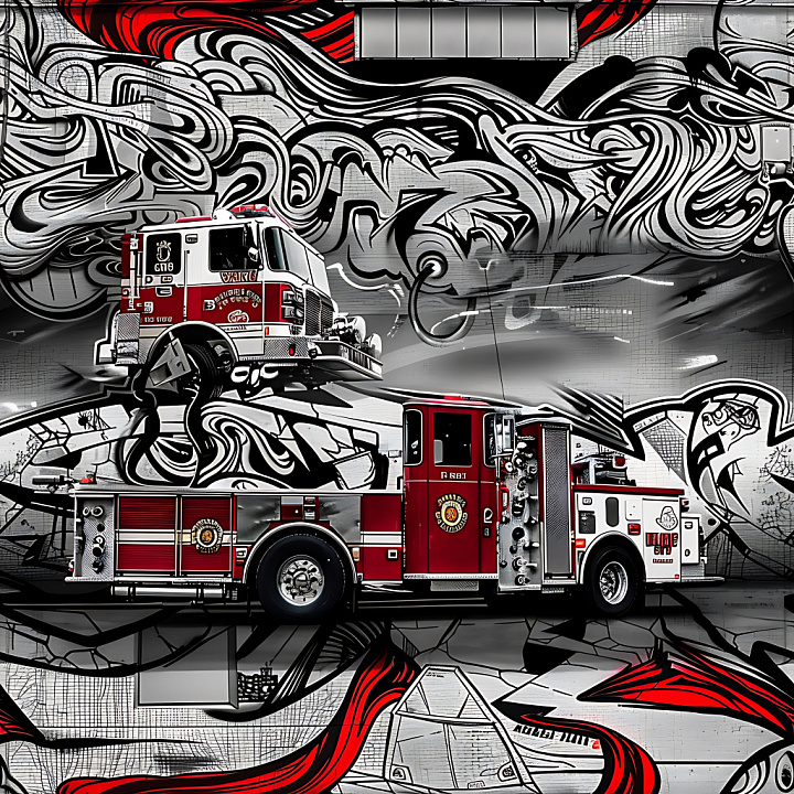 Graffiti Featuring Red Fire Truck and Abstract Urban Mural seamless PBR texture preview