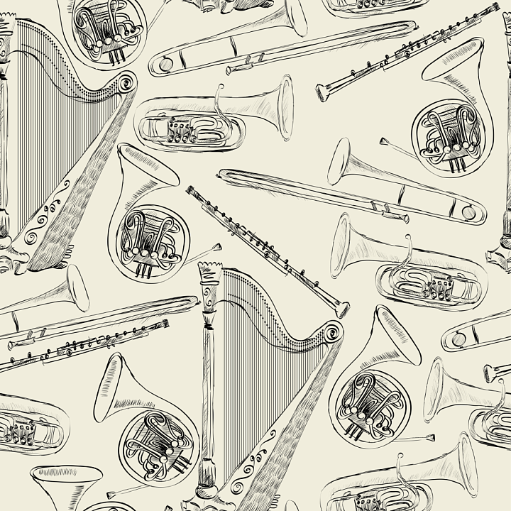 Vintage Musical Instruments Paper in Cream and Ink seamless PBR texture preview