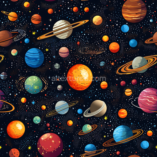 Seamless 3D Space PBR Texture Featuring Stylized Cartoon Planets and Colorful Starfield