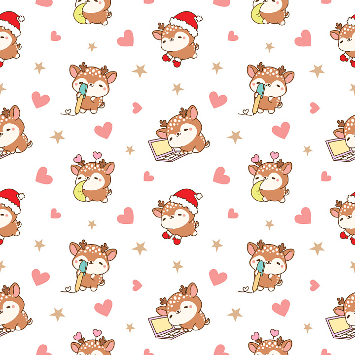 Pattern with Cute Cartoon Deer and Heart Motifs seamless PBR texture preview