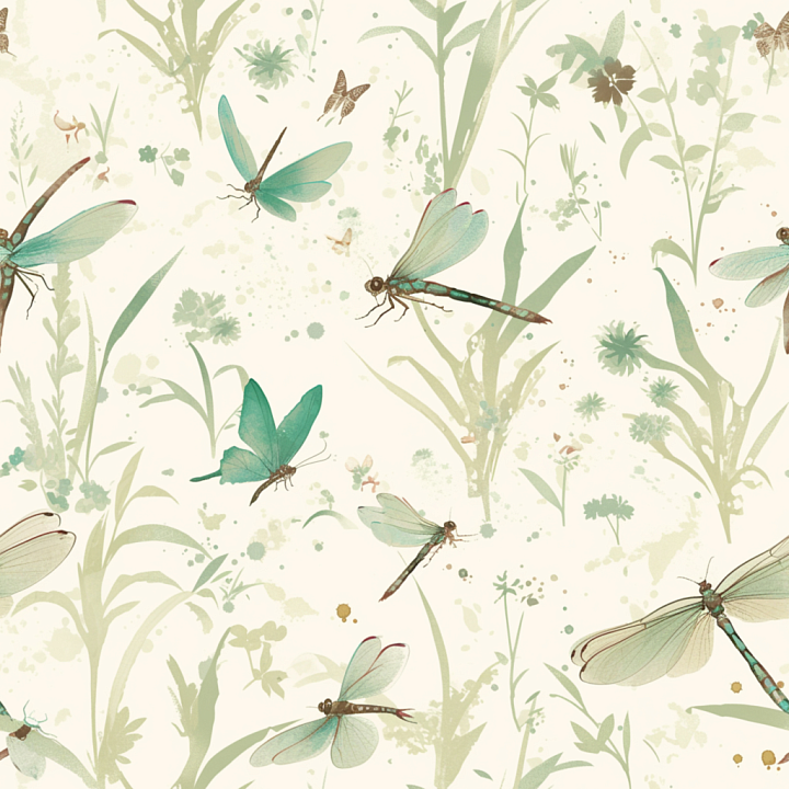 with Soft Dragonfly and Botanical Pattern in Pastel Colors seamless PBR texture preview